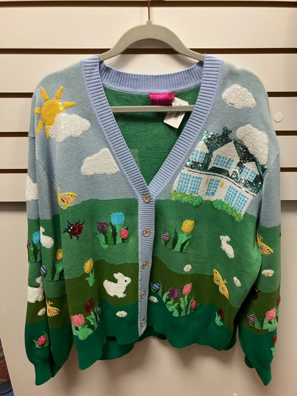 QUEEN OF SPARKLES Light Blue and Green Embroidered Spring Scene Sweater